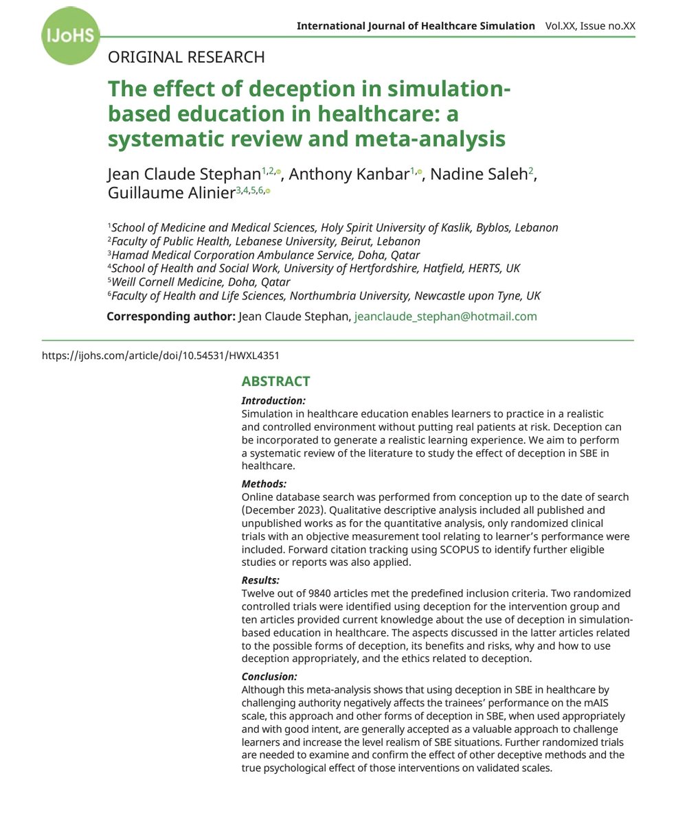 edusqo's tweet photo. Jean Claude Stephan, @USEKOfficial at #SESAM2023 @SESAMSimulation
"The effect of deception in simulation-based education in healthcare: a systematic review and a meta-analysis".
#SBME #PatientSafety #MedEd https://t.co/6qzsX3cPQr