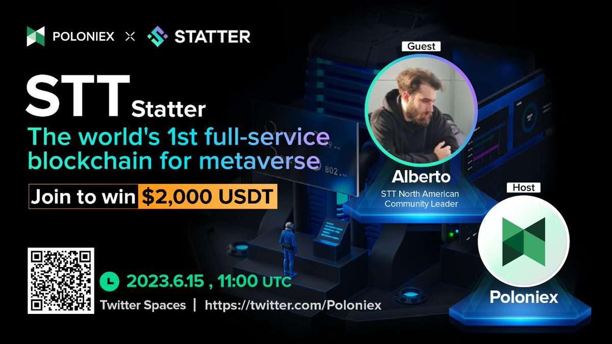 #STT Spaces will be delayed 30 mins! ⌛️

Join to win $2,000! 💰

Date &amp; Time: ⏰
6/15/23, 11:30am (UTC)

1⃣️ Join Poloniex TG (to qualify) t.me/PoloniexEnglish

2⃣ Follow <a href="/Poloniex/">Poloniex Exchange</a> <a href="/Statter_Club/">Statter Community</a> , RT &amp; Tag 3 friends 

3⃣ Join now x.com/i/spaces/1djGX…

*Pick 50 winners on