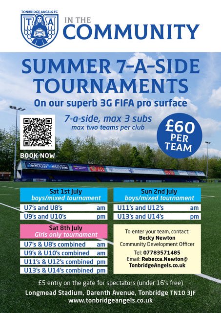The first ever @tonbridgeangels summer tournament. Spaces still available. Come on you Angels 🔵⚪