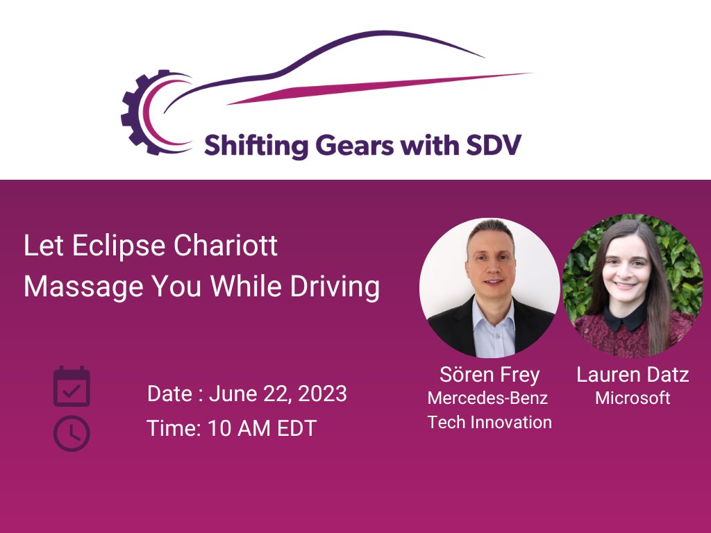 SDVeclipse's tweet photo. 1 WEEK until Sören Frey and Lauren Datz’s live presentation on Eclipse Chariott’s massage seat use case'. Register here: https://t.co/CHrYtGhTZO #opensource #drivenbycode #SoftwareDefinedVehicle #SDV #codefirst https://t.co/dk0sR3BMEU