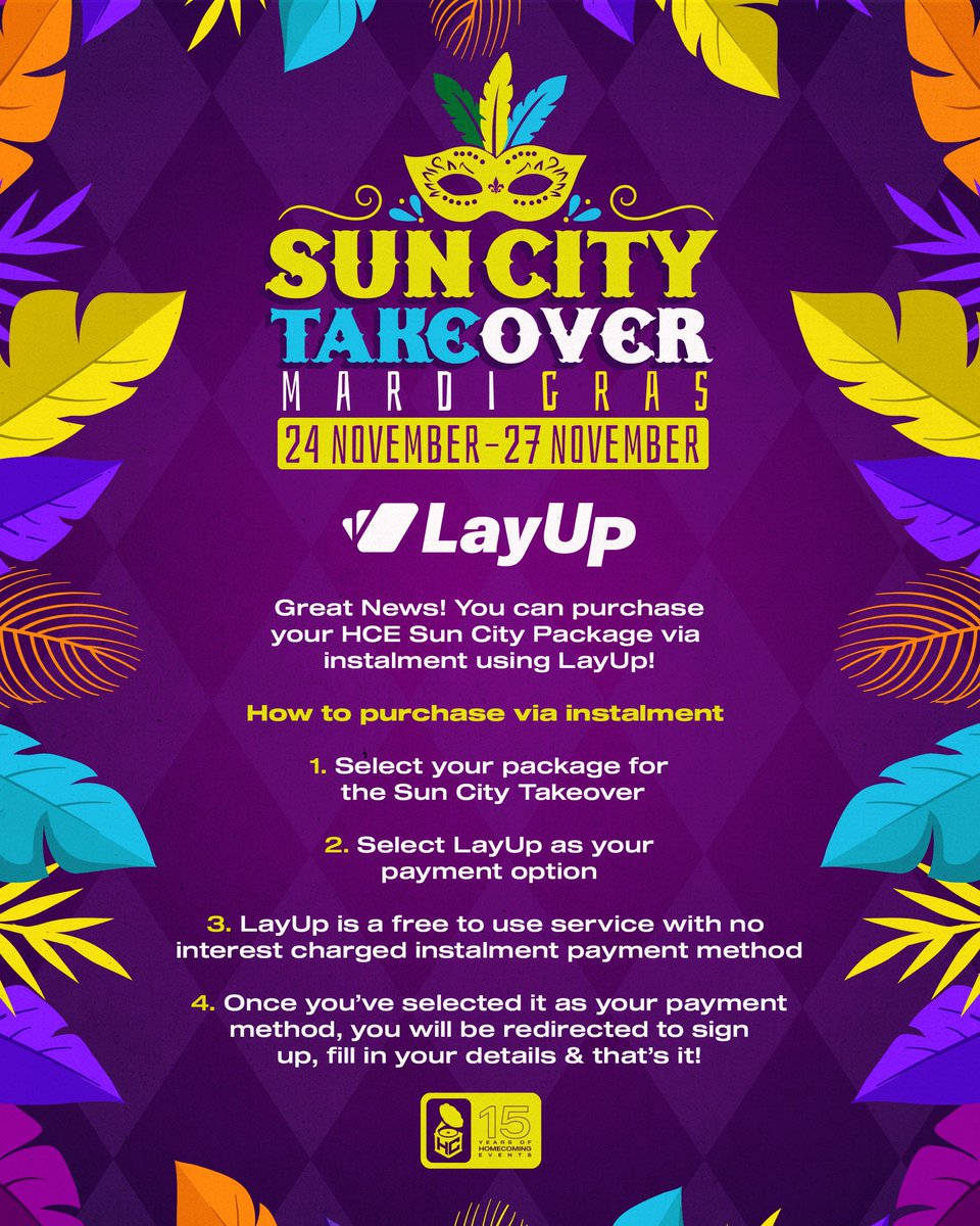 Escape reality and step into the world of Mardi Gras at the #SunCityTakeover 🎭

Our packages are now available for you to secure your unforgettable experience at homecomingevents.co.za 🤩 #15YearsofTakingOver #FonCity