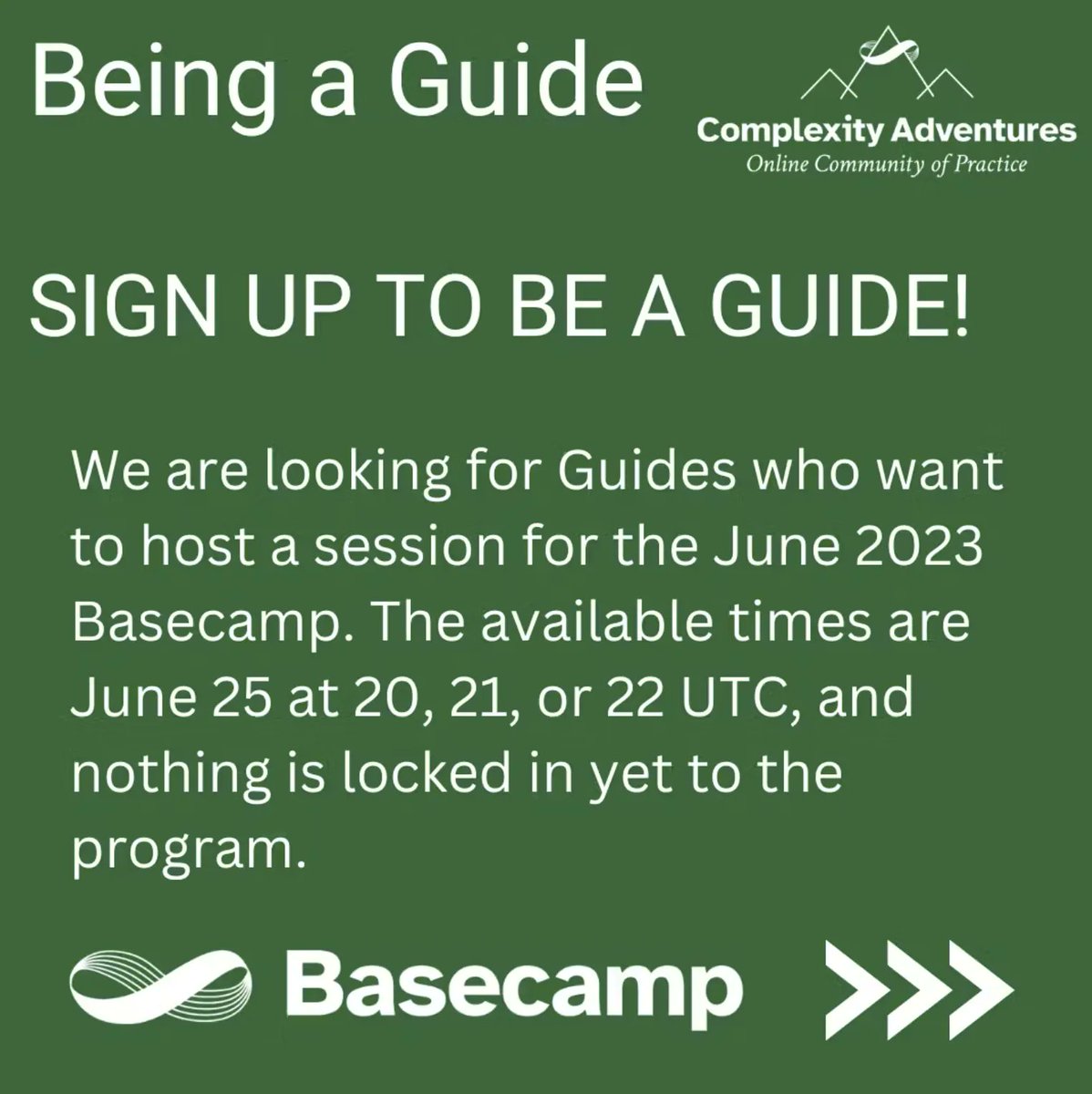 ComplexAdvent's tweet image. Showcase or introduce your work at the Basecamp by facilitating one or more live interactive sessions!

Register at complexityadventures.com and email the organizers at Organizers@ComplexityAdventures.com!

#Complexity #ComplexityAdventures #LearnByDoing #June2023 #CA #basecamp