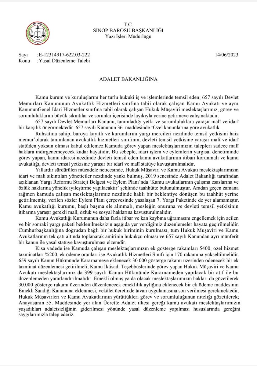Kamu Avukatlarının mali ve özlük haklarının düzeltilmesine ilişkin taleplerini Cumhurbaşkanlığı ile Hazine ve Maliye ile Adalet Bakanlığına ileten Sinop Barosuna tüm Kamu Avukatları adına teşekkür ederiz.
<a href="/SinopBaro/">Sinop Barosu</a> <a href="/RTErdogan/">Recep Tayyip Erdoğan</a>
<a href="/yilmaztunc/">Yılmaz TUNÇ</a> <a href="/mehmetucum/">Mehmet Uçum</a> <a href="/barolar/">Türkiye Barolar Birliği</a> <a href="/adalet_bakanlik/">T.C. Adalet Bakanlığı</a>