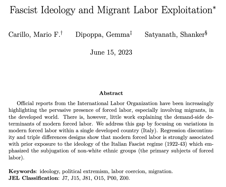 Extremely grateful that our paper “Fascist Ideology and Migrant Labor Exploitation” with @mfcarillo and Shanker Satyanath won the McGillivray Best Paper Award @APSAPolEconomy @APSAtweets! Thanks a lot to the selection committee! We summarize the paper below.⬇️
