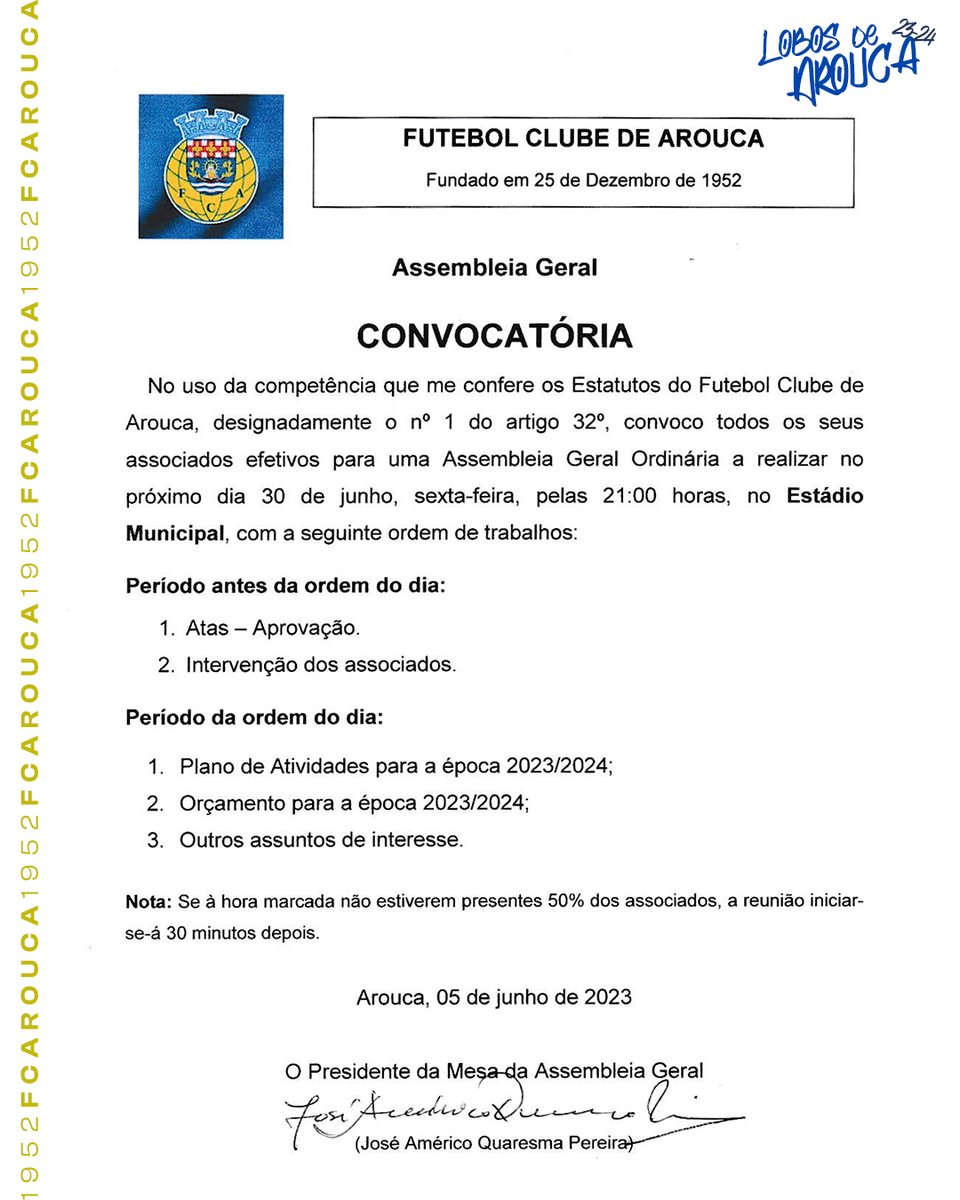 OficialFCArouca's tweet photo. 📝 𝗖𝗼𝗻𝘃𝗼𝗰𝗮𝘁𝗼́𝗿𝗶𝗮 𝗔𝘀𝘀𝗲𝗺𝗯𝗹𝗲𝗶𝗮 𝗚𝗲𝗿𝗮𝗹

#LobosDeArouca #AmorEPaixao https://t.co/KXS2E7BJlk