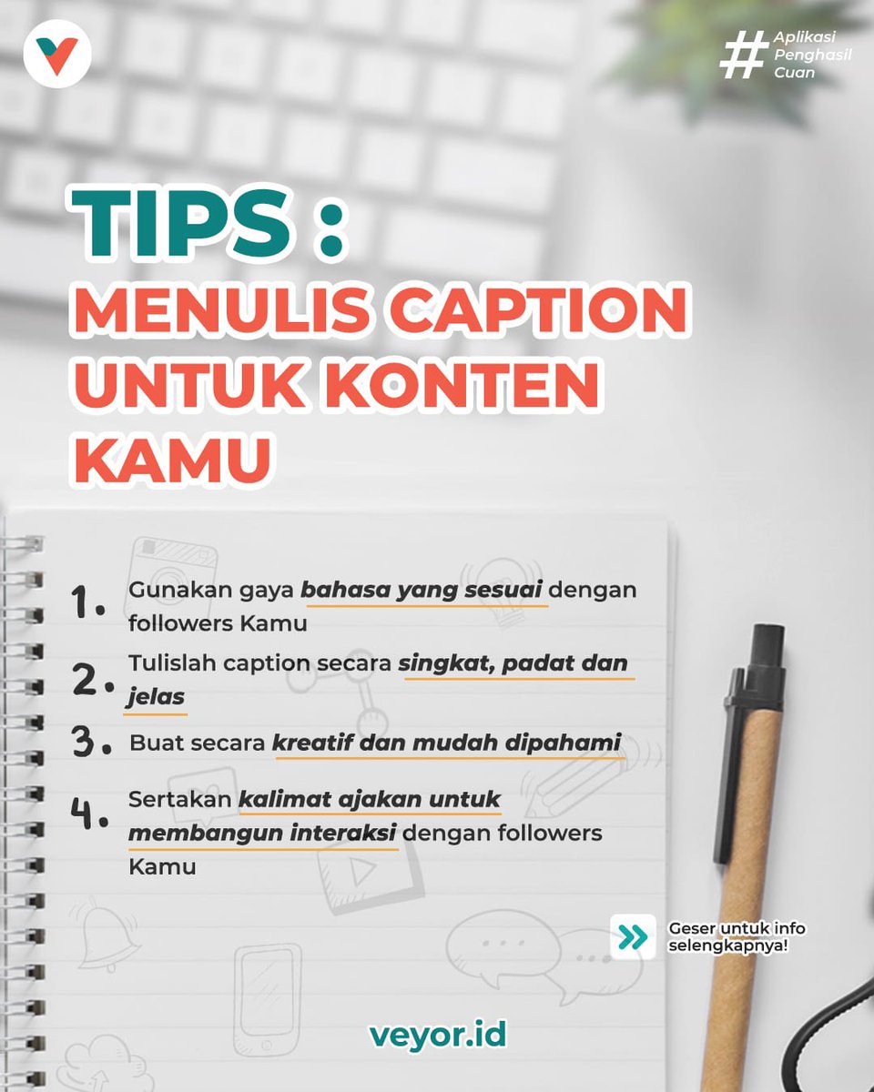 veyorid's tweet photo. Halo, Responders!🥰

Siapa nih yang masih suka bingung saat bikin caption?

Nah, Kamu bisa banget pakai tips ini untuk mempermudah buat caption. Karena caption bukan hanya sekedar susunan kata, tapi isinya harus sesuai dengan isi konten yang Kamu buat🥰 https://t.co/nwuMa9KXMy