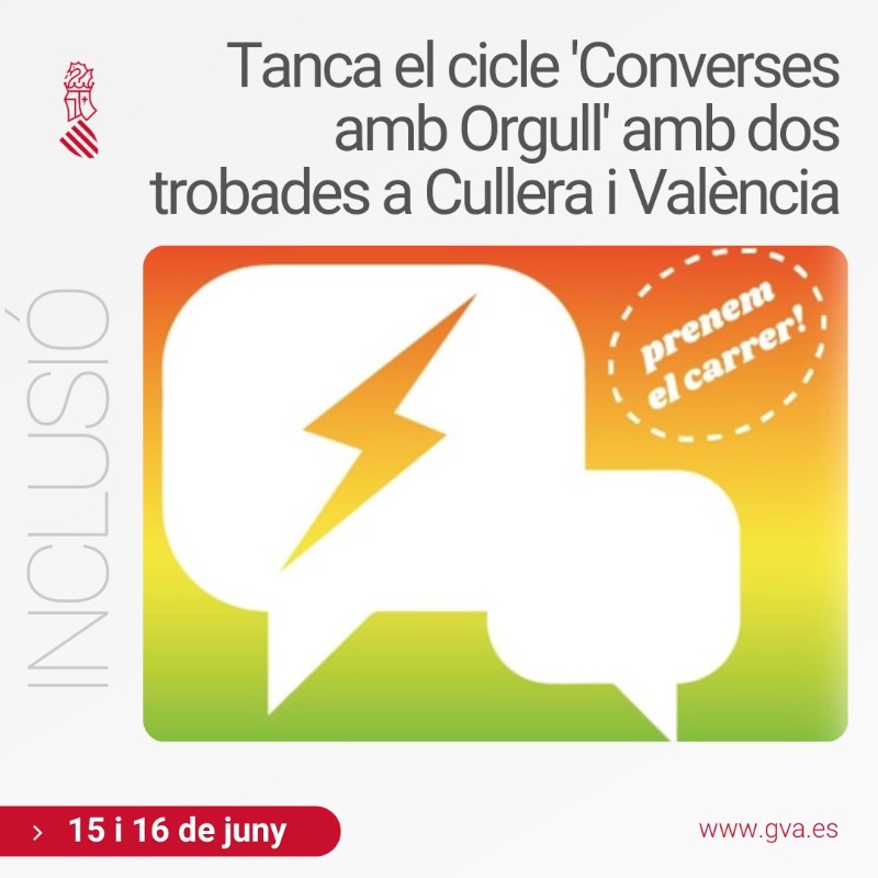 palauGVA's tweet photo. 🗣 Tanca el cicle #ConversesambOrgull 🏳️🌈 amb dos trobades a Cullera i València
🎯 Acostar a la ciutadania la realitat i drets #LGTBIQ+
🏘 Cullera 🗓 15/6
🏘 València 🗓 16/06
👩🎤 Conduïdes per #LizDust
#Orgull2023
🤲 @GVAinclusio
