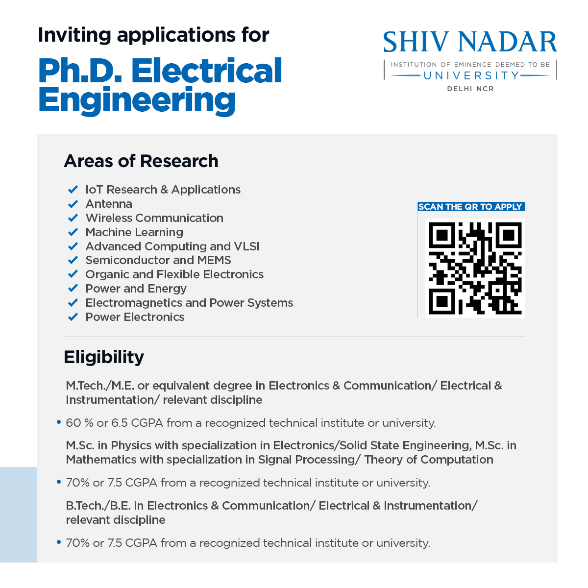Applications are now open for the Ph.D. in Electrical Engineering program at Shiv Nadar Institution of Eminence for the Monsoon 2023 session! 
Application deadline 15 July 2023. 
Click the link below: bit.ly/3nOSrkk

#PhD #Program #ElectricalEngineering #Research…