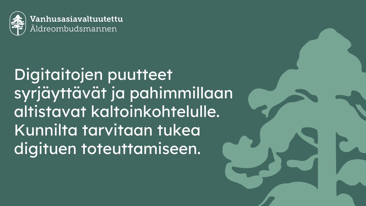 Ikääntyneiden digi- sekä medialukutaidot vaihtelevat muita ikäryh­miä enemmän. Digituen tarjoaminen ikääntyneille on tärkeää, koska se suojaa osaltaan digitaaliselta väkivallalta, kuten nettihuijauksilta tai taloudelliselta hyväksikäytöltä. 1/2