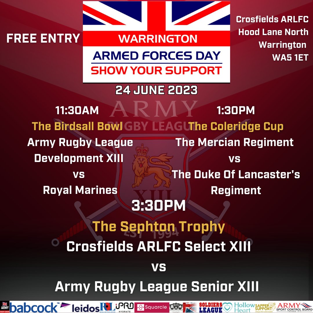 Army Rugby League (@armyrugbyleague) on Twitter photo We have 2 AMAZING weekends of #RugbyLeague coming your way.
First up on Sunday our Women's Development XIII take on <a href="/ThattoRugby/">Thatto Heath Crusaders</a> in <a href="/TheRFL/">Rugby Football League</a> Women's League Cup.
Then on Saturday 24th June we head to <a href="/CrosfieldsRugby/">Crosfields Rugby</a> for Warrington Armed Forces Day featuring the <a href="/sephtontrophy/">@sephtontrophy</a>! We have 2 AMAZING weekends of #RugbyLeague coming your way.
First up on Sunday our Women's Development XIII take on <a href="/ThattoRugby/">Thatto Heath Crusaders</a> in <a href="/TheRFL/">Rugby Football League</a> Women's League Cup.
Then on Saturday 24th June we head to <a href="/CrosfieldsRugby/">Crosfields Rugby</a> for Warrington Armed Forces Day featuring the <a href="/sephtontrophy/">@sephtontrophy</a>!