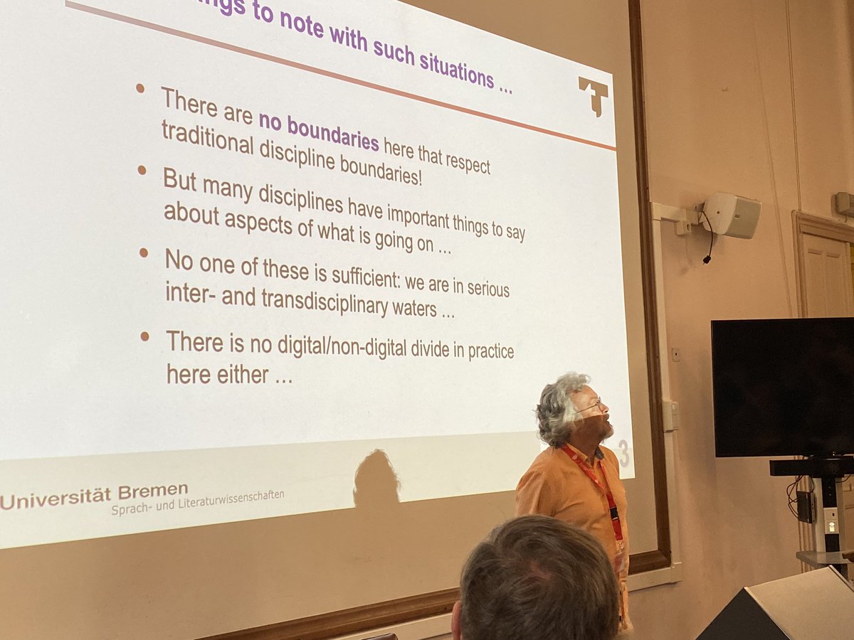 You know what is the hallmark of a good keynote? Challenge, poke, have a go at traditional scientific thinking. John Bateman is doing this masterfully! Communication transcends boundaries - to study it we need to do that too! #langaugeIsNotJustWords #interdisciplinary