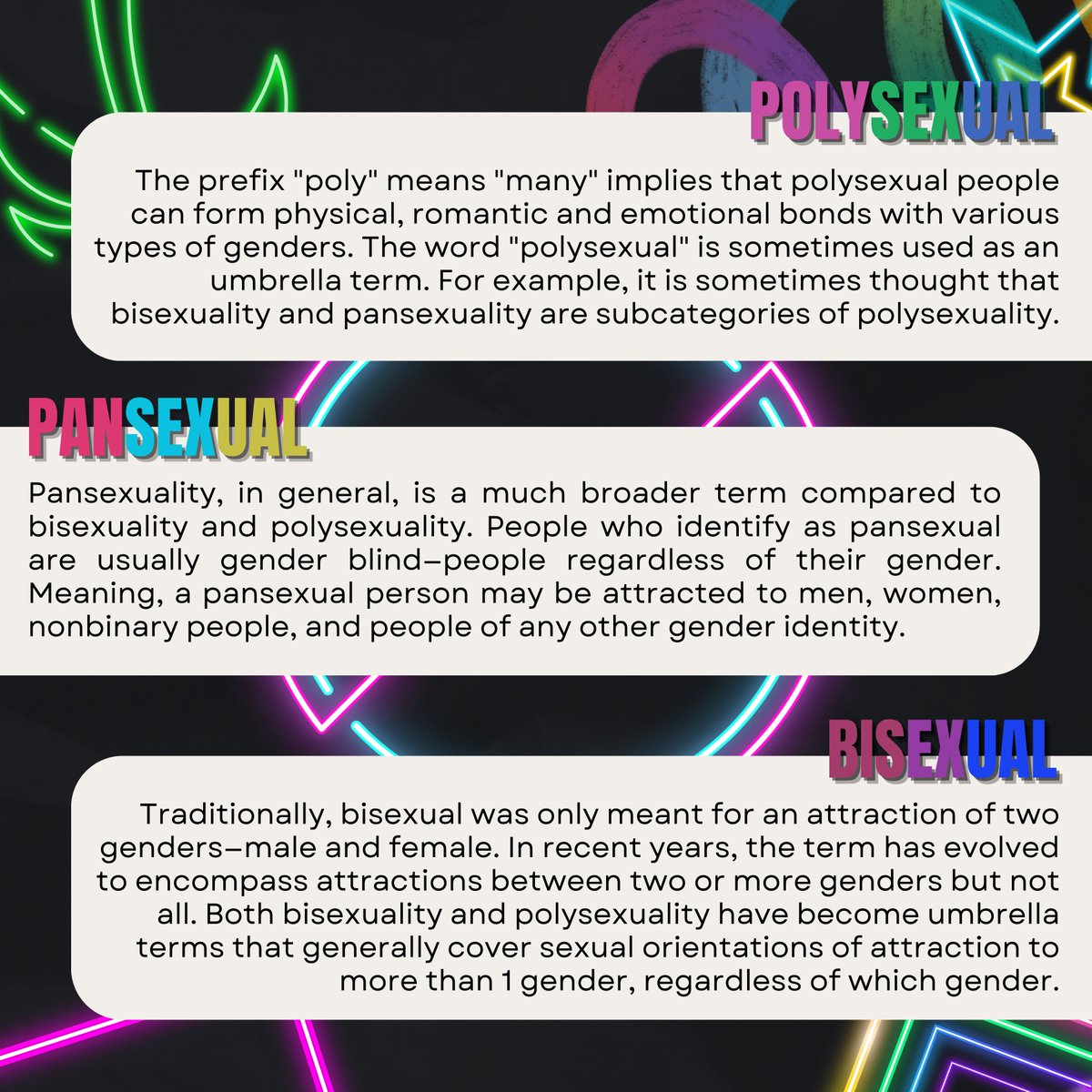 equality_case's tweet photo. Let us define the terms and dive deeper into these topics to further enhance our understanding of the LGBTQ+ community! ๐ค๐ณ๏ธโ๐
#Homosexual
#Bisexual
#Pansexual
#Polysexual
#LGBTQ
#PrideMonth
#LoveIsLove
#EmpowerWithCASE https://t.co/DrhwbOlJjG