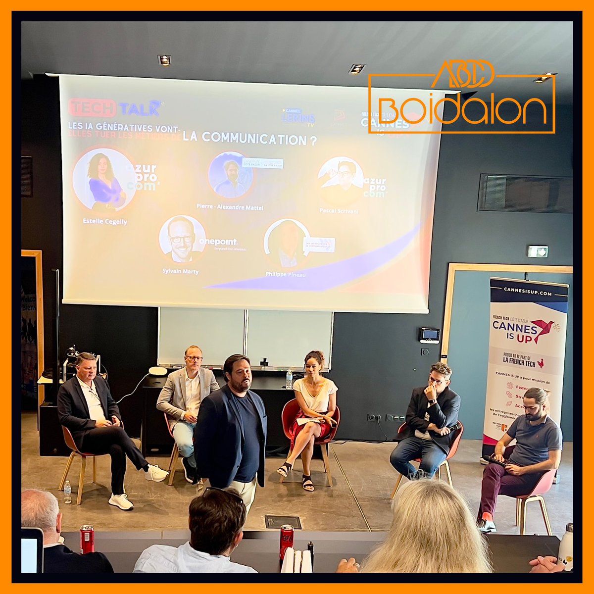 Boidalon's tweet photo. Au menu ajd :

Au Campus de #Cannes (Université de Nice), conférence "Les #IA génératives vont elles tuer les métiers de la #Communication ?"

Une co-production #CannesIsUp & #AzurProCom, une table ronde menée par Estelle Cegelly !

Interventions des amis Sylvain Renault (#Photographe et #PromptEngineer) et Pascal Scrivani (#Shakebiz).

Et Poke Brice Prayal (#PitchounMedias) et Stephanie Di Costanzo (#HiCannes).

Spoil : à mon humble avis, bien évidemment, la réponse est NON ! 

L’#IA est un outil incroyable, qui va révolutionner la société, et, d’un point de vue #Optimiste, ça va aller dans le bon sens…

#BoidaLife
#BoidaPic 

@SylvainRenault
@Bristol__TV 
@lbrochet06