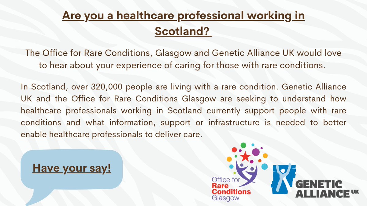 Are you a healthcare professional working in Scotland? We would love to hear about your experience of caring for those with rare conditions. Have your voice heard in Scotland! Follow this link to take the survey: smartsurvey.co.uk/s/rareconditio… @GeneticAll_UK