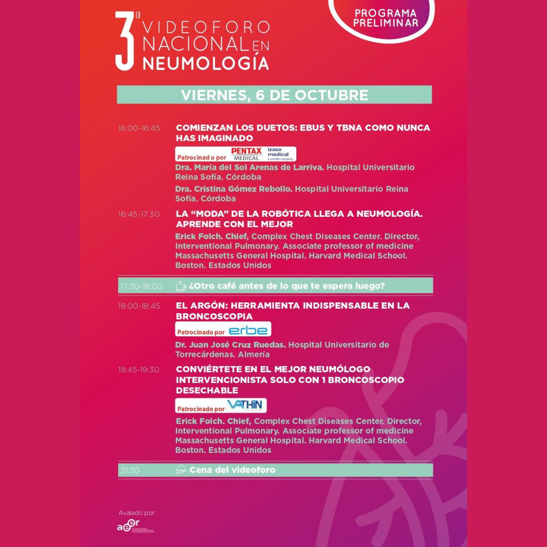 AeerNeumologia's tweet photo. 🫁 3er Vídeo Foro Nacional en Neumología, proyecto novedoso, participativo y actual que analiza la importancia de las técnicas intervencionistas en neumología, mediante vídeos.

👉🏽Organizado por @aerisrespira y avalado por AEER
📆 6-7 OCT / MADRID / 2023

https://t.co/RhXh2fxMez https://t.co/opRmqzeHJU