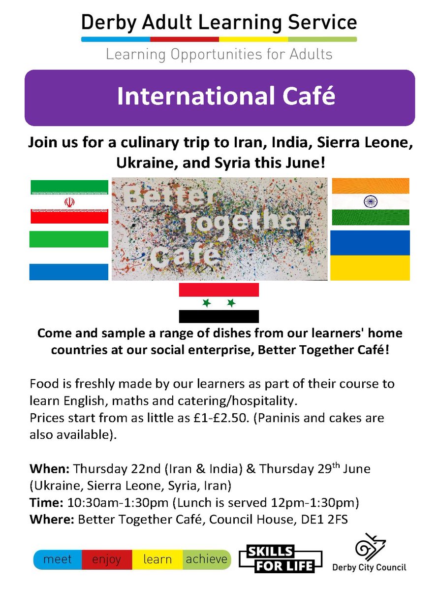 Join <a href="/dalsderby/">Derby Adult Learning Service</a> for a culinary trip abroad!

Sample a range of dishes from DALS learners' home countries at the social enterprise, Better Together Café, <a href="/DerbyCC/">Derby City Council</a> DE1 2FS

22nd (Iran &amp; India) &amp; 29th June (Ukraine, Sierra Leone, Syria, Iran), 10:30am-1:30pm

communityactionderby.org.uk/events/interna…
