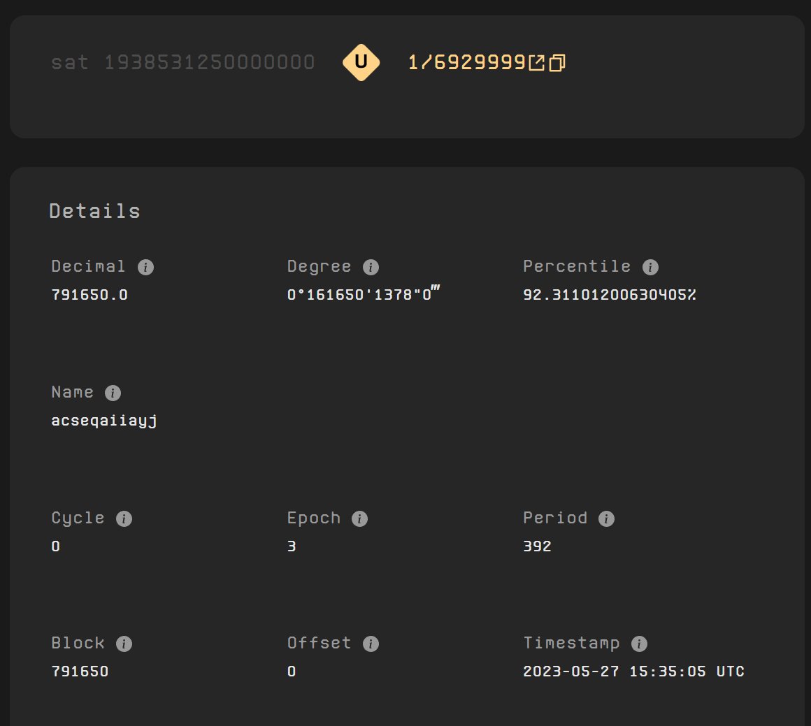 Got our uncommon sat🐒

Soon will get the last puzzle piece block 9

sneak peek of the rarity
1 uncommon, 2 Palindromes, 20 block 9, 59 block 78, 59 block 286, 59 pizza sats.

Sat rarity attached to NFT rarity 
rank 1 = uncommon sat