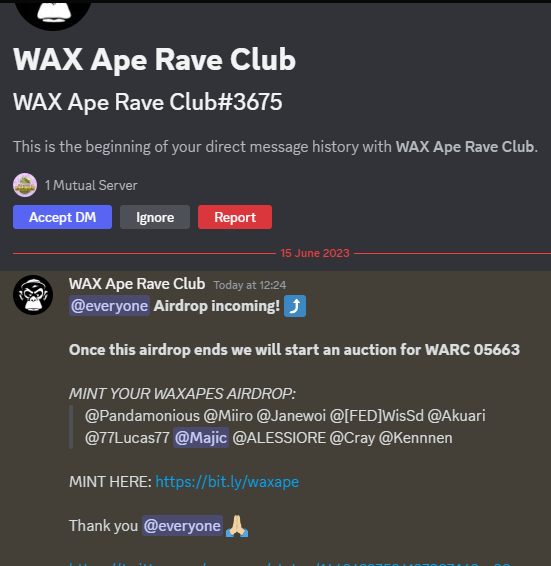 Well you knew it wouldn't take long in the #CryptoSpace for bottom feeding scum to get in your pockets. @waxapes already being impersonated for giveaways through #Discord DM. NEVER accept DMs without already being in talks within a sever. #NFT #NFTs #CryptoScam #Scam #WAXP $WAXP