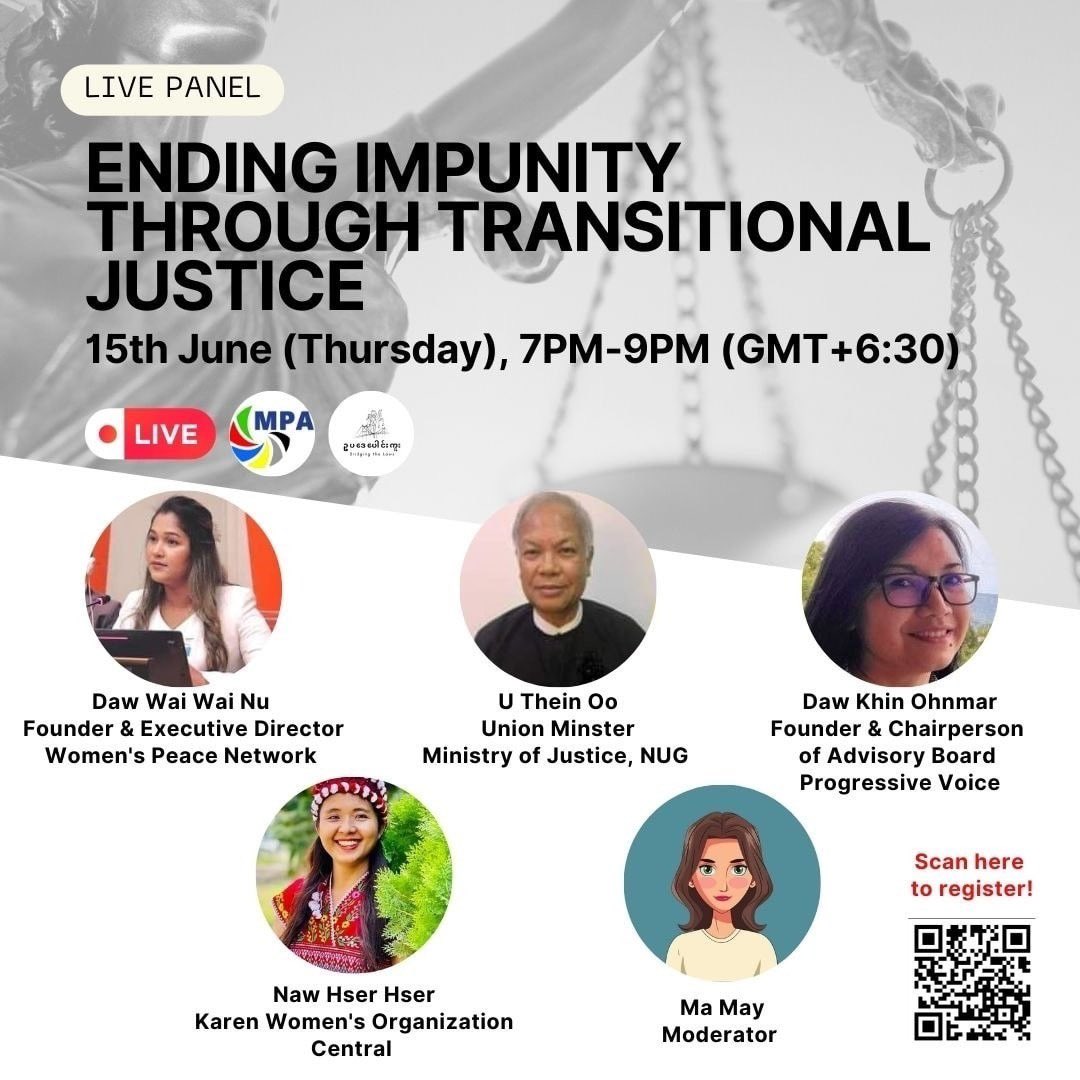🚨Tune in!

Panel discussion on the importance of ending #impunity &amp; #TransitionalJustice process in #Myanmar.

Panel incl. U Thein Oo - <a href="/NUGMyanmar/">National Unity Government Myanmar</a>'s Union Minister of Justice, <a href="/khinohmar/">Khin Ohmar</a> <a href="/waiwainu/">Wai Wai Nu</a> <a href="/NawHserHser/">Naw Hser Hser</a>

Watch: bit.ly/3JhkBfA