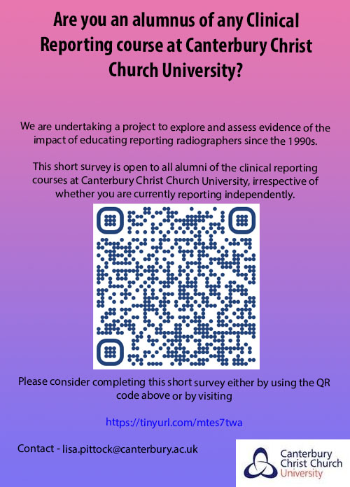 Calling all reporting radiographers! Did you study at Canterbury Christ Church University? If so please let us know about your reporting journey, whether or not you are actively reporting by completing our short survey tinyurl.com/mtes7twa