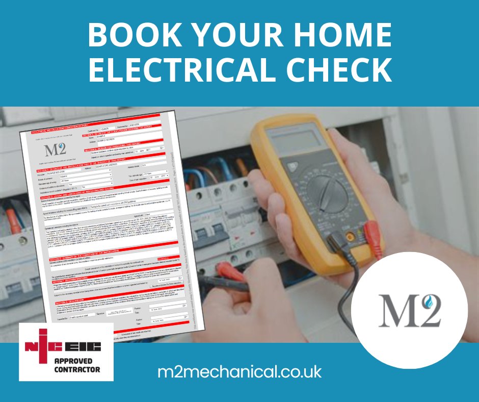 M2Air's tweet photo. All homes need an #Electrical Installation Condition Report (EICR). Does yours have one?

Contact our #NICEIC accredited electrical team to book your regular #EICR check and ensure your electrics are safe.

📞 Call 01280 460 019
✉️ Email enquiries@m2mechanical.co.uk https://t.co/1wqyUzlJvJ