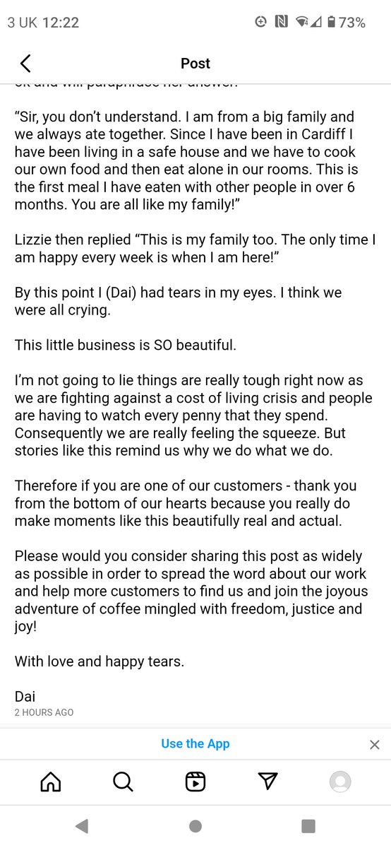 I love this story from <a href="/manumitcoffee/">manumitcoffee</a>. We have a coffee subscription from them. It's not cheap, but it is delicious, and the people who roast it here in Cardiff are being supported after escaping trafficking. What's not to love ❤️☕