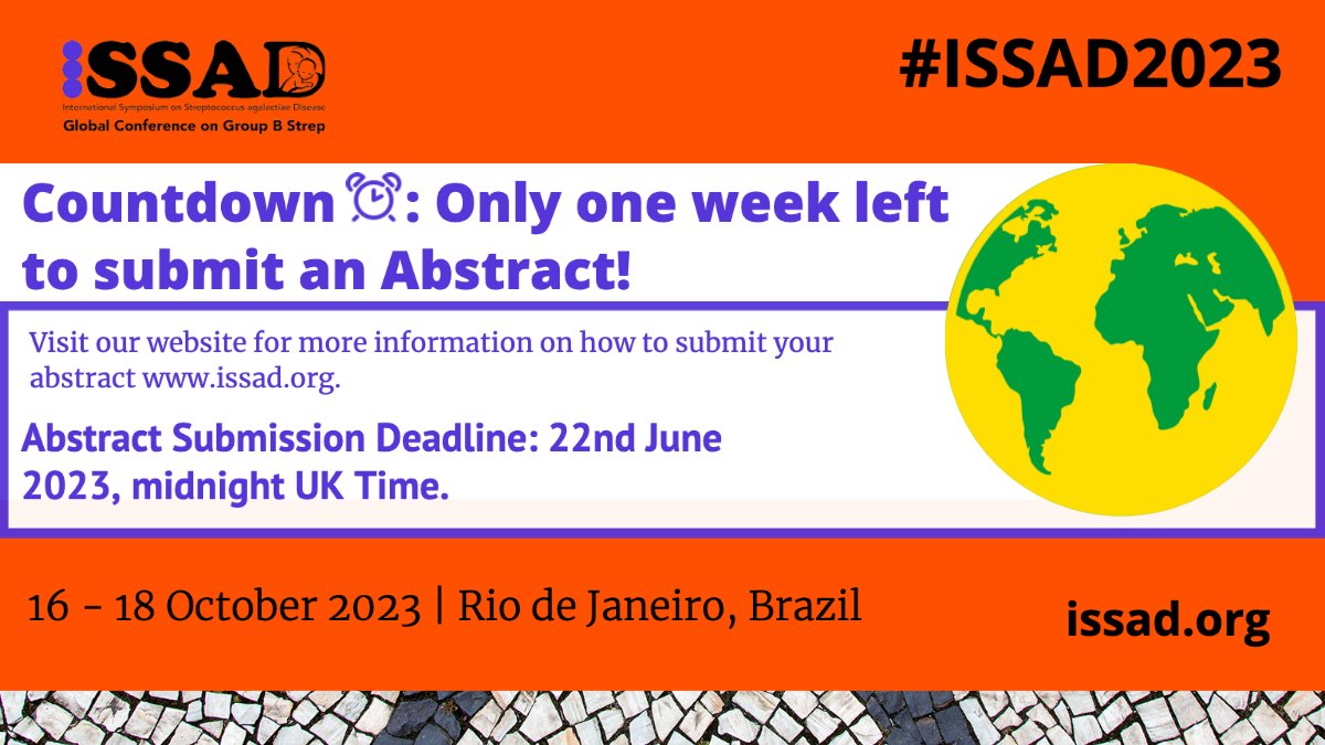 🚨Abstract Submission Deadline🚨

Only 1 week left to submit your #GroupBStrep work to ISSAD's 3rd Global Conference on Group B Strep in Rio de Janeiro, Brazil!         

Abstract Submission Deadline: 22nd June 2023    

➡️issad.org 

#meningitis #ISSAD2023