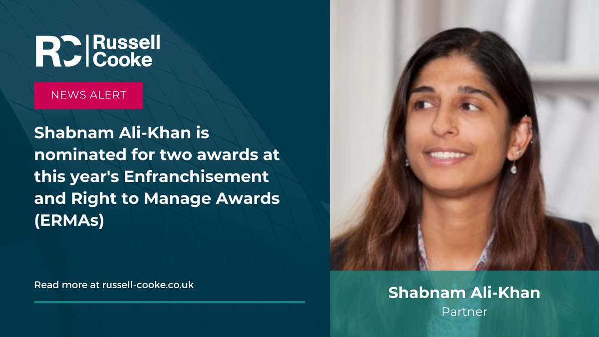 RussellCooke's tweet photo. We're delighted to announce Shabnam Ali-Khan has been nominated for two categories in this year's #Enfranchisement and #RightToManage Awards! Shabnam is a finalist for both Solicitor of the Year and Influencer of the Year. Congratulations to Shabnam and all nominees!🏆💪
#ERMAS https://t.co/5xUHM9rscp