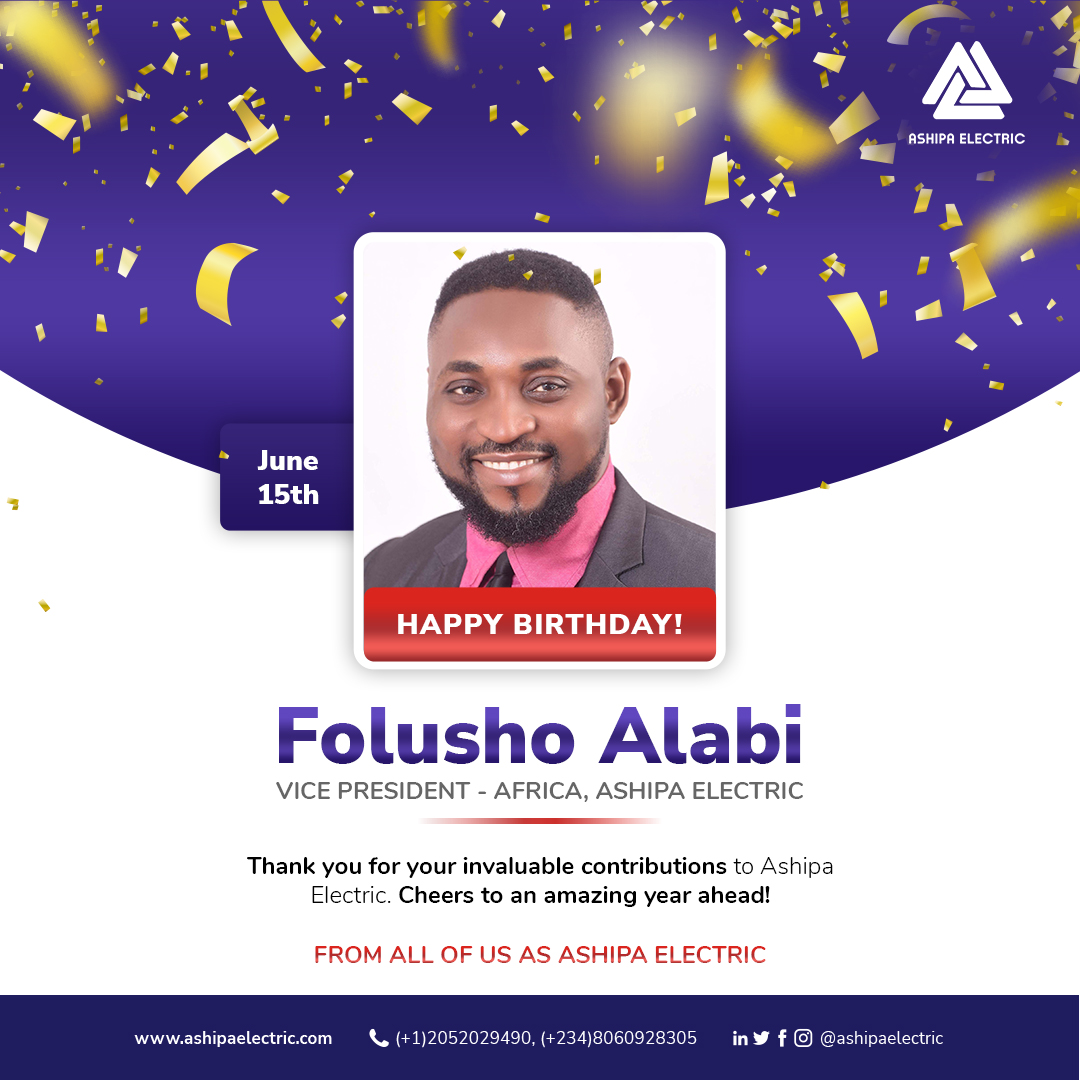 🎉 Join us in wishing a very happy birthday to our esteemed Vice President of Africa Operations, Folusho Alabi! <a href="/SIRFOLLI/">Folu Alabi</a> 🎂🥳

Your dedication and leadership have been instrumental in driving our success.

#Ashipa #Birthday #HappyBirthday #CleanEnergy #Solar #Sustainability