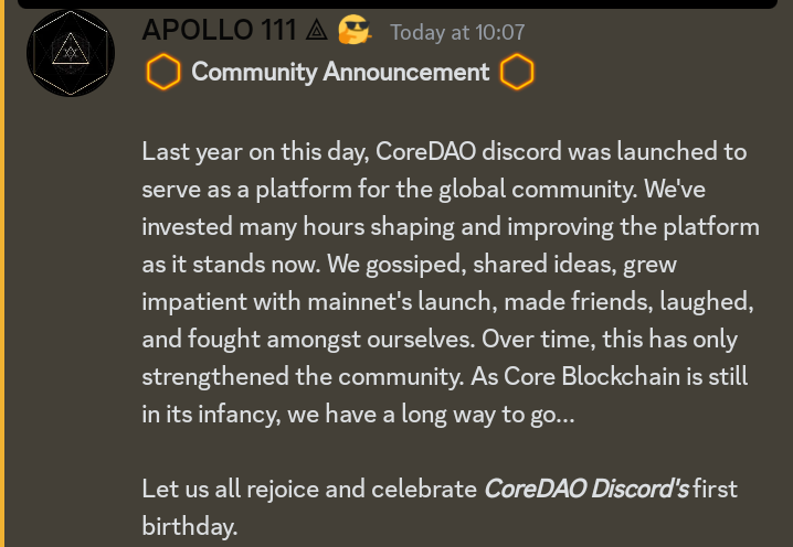 BtcsStalker's tweet photo. @Coredao_Org Discord server is celebrating it's 1 Year anniversary.

The Core Clubhouse has been buzzing.

Happy Discord Birthday CoreDAO.
The Blockchain of the people 
Cheers 🥂 https://t.co/xpYox5orzD