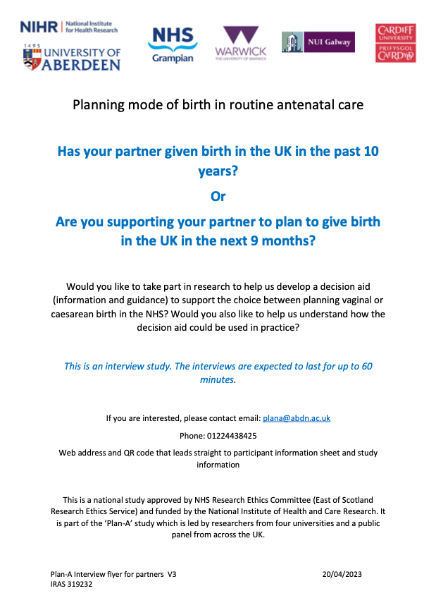 Listen up!📢
University of Aberdeen is doing a research project about birth and antenatal! 😆
They are looking for people to take part and they will give £25 voucher 🤑 for each interview. Don’t miss out this opportunity!
See the flyer for more information!

#research #dads #mums