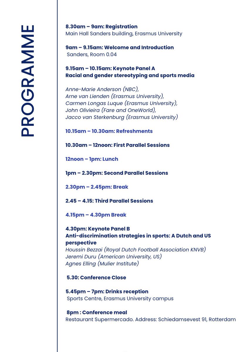 Sport and Discrimination Conference (@sportanddiscri1) on Twitter photo We are pleased to finally reveal the programme for the upcoming Sport & Discrimination Conference, 23 June <a href="/erasmusuni/">Erasmus University</a>. We officially kick off at 9am & close at 5:30pm. There will be a drinks reception & conference meal following the conference close #SportDiscConf23 We are pleased to finally reveal the programme for the upcoming Sport & Discrimination Conference, 23 June <a href="/erasmusuni/">Erasmus University</a>. We officially kick off at 9am & close at 5:30pm. There will be a drinks reception & conference meal following the conference close #SportDiscConf23