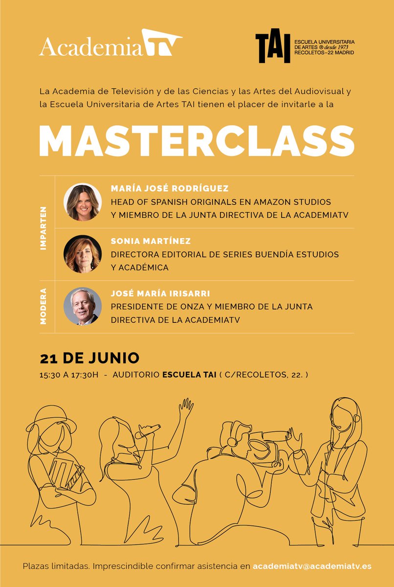 AcademiaTV (@academia_tv) on Twitter photo La AcademiaTV y la <a href="/escuelatai/">TAI Escuela Universitaria de Artes</a> se alían para acercar la empresa audiovisual al mundo universitario. Primera parada: 21 de junio con @mjaltejado (<a href="/PrimeVideoES/">Prime Video España</a>) y Sonia Martínez (<a href="/BuendiaEstudios/">Buendía Estudios</a>). Modera: <a href="/jmirisarri/">Jose Maria Irisarri</a> (<a href="/onza_tv/">onza</a>)👇
bit.ly/42JeLe3
#LaFamiliadelaTele La AcademiaTV y la <a href="/escuelatai/">TAI Escuela Universitaria de Artes</a> se alían para acercar la empresa audiovisual al mundo universitario. Primera parada: 21 de junio con @mjaltejado (<a href="/PrimeVideoES/">Prime Video España</a>) y Sonia Martínez (<a href="/BuendiaEstudios/">Buendía Estudios</a>). Modera: <a href="/jmirisarri/">Jose Maria Irisarri</a> (<a href="/onza_tv/">onza</a>)👇
bit.ly/42JeLe3
#LaFamiliadelaTele