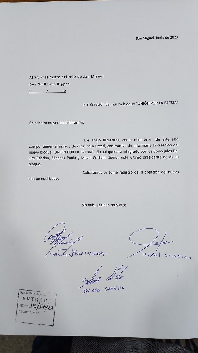 En el día de hoy hemos presentado en el Honorable Concejo Deliberante de San Miguel el nuevo nombre que llevará nuestro bloque: "Unión por la Patria". 
<a href="/OroSabrina/">Sabrina Del Oro</a> @paulasanchez841