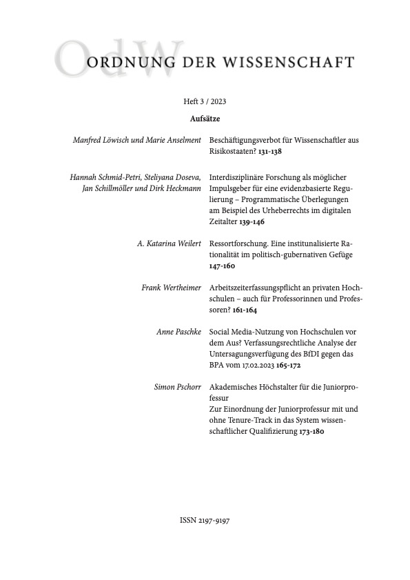 Heute erschienen und frei verfügbar: Heft 3 der 'Ordnung der Wissenschaft' - mit Beiträgen von Anne Paschke zur #Untersagungsverfügung des BfDI gegen die Facebook #Fanpage des Bundespresseamts sowie unserem Projektteam des @BIDT_Muenchen zum Urheberrecht! ordnungderwissenschaft.de/wp-content/upl…