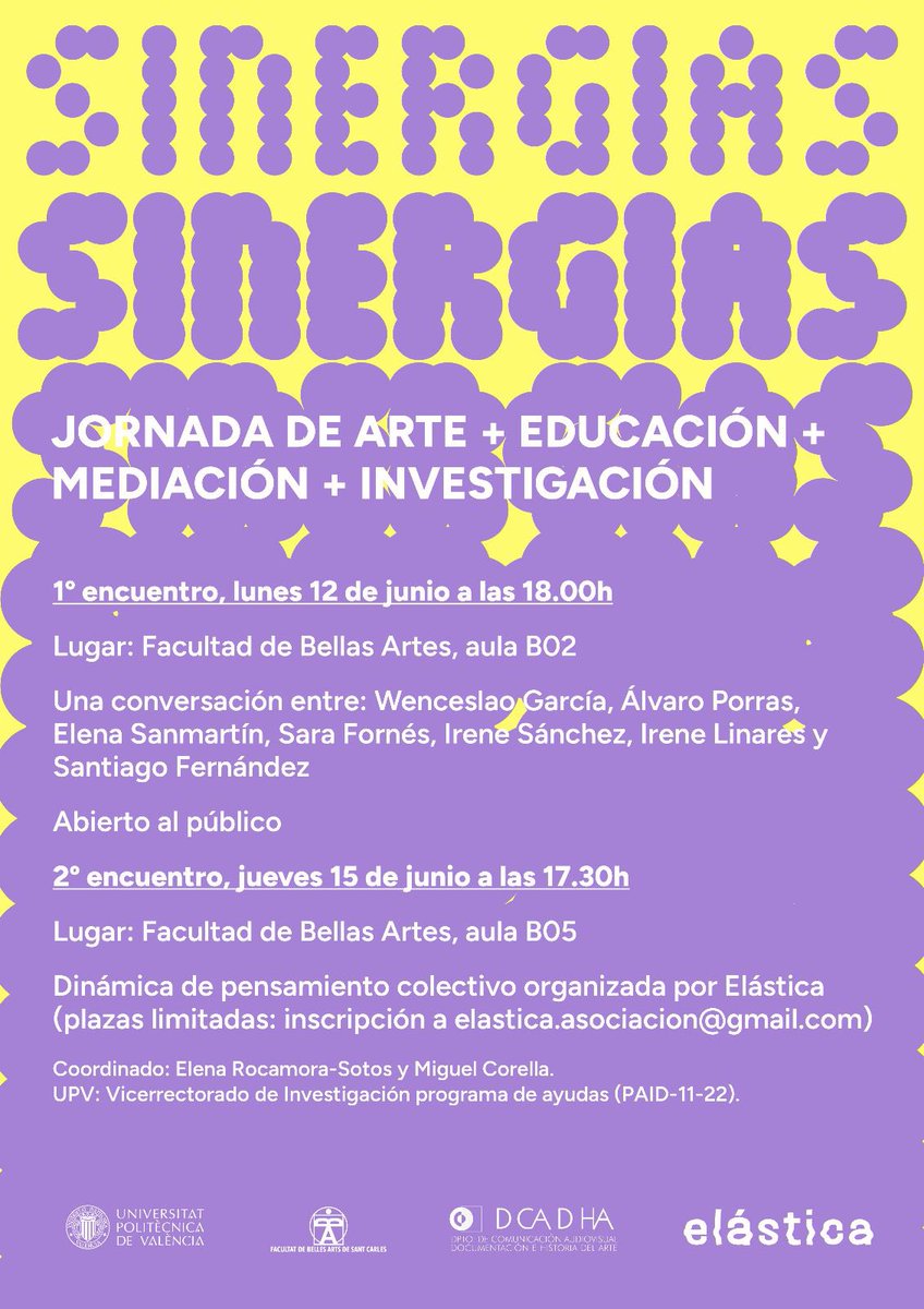 🔊 Hoy en las 𝗝𝗼𝗿𝗻𝗮𝗱𝗮𝙨 𝗱𝗲 𝗮𝗿𝘁𝗲 + 𝗲𝗱𝘂𝗰𝗮𝗰𝗶𝗼́𝗻 + 𝗺𝗲𝗱𝗶𝗮𝗰𝗶𝗼́𝗻 + 𝗶𝗻𝘃𝗲𝘀𝘁𝗶𝗴𝗮𝗰𝗶𝗼́𝗻 en la Facultad de Bellas Artes de <a href="/UPV/">Universitat Politècnica de València</a>, encuentro especial con <a href="/ProsaElasticaAC/">Prosa Elástica</a>.