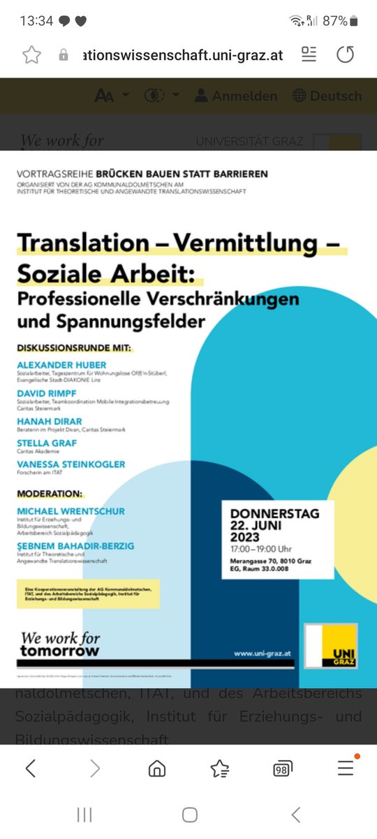 BahadirSebnem's tweet photo. Diskussionsrunde zu Herausforderungen von Translationsarbeit und Sozialer Arbeit // Kooperationsveranstaltung der AG Kommunaldolmetschen, ITAT, und des Arbeitsbereichs Sozialpädagogik, Institut für Erziehungs- und Bildungswissenschaft, @UniGraz
@rys_soc 
@dc_weiss @MFheodoroff https://t.co/5SPpBr5fO1