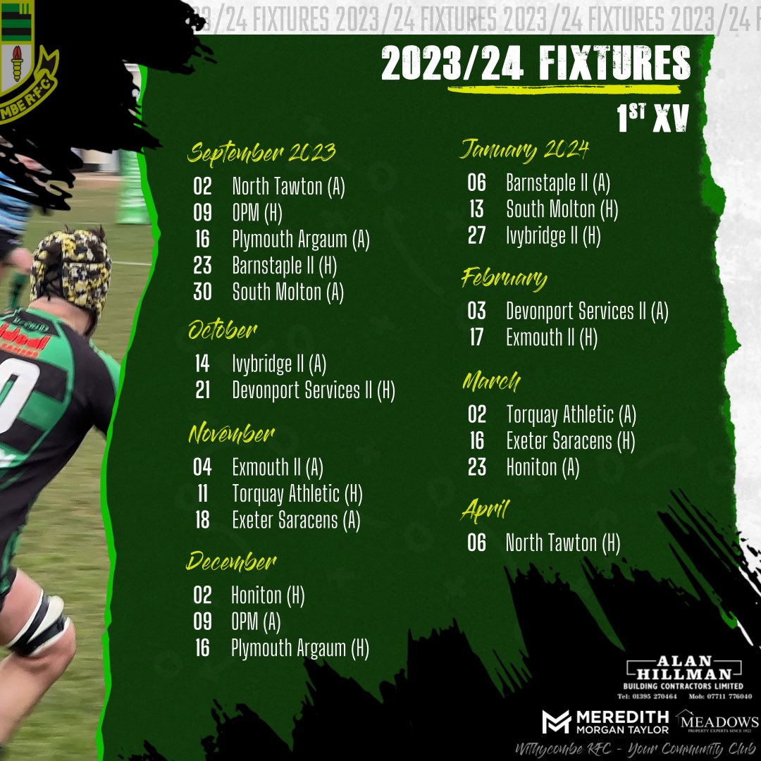 🚨 𝙁𝙞𝙭𝙩𝙪𝙧𝙚 𝙉𝙚𝙬𝙨 - 𝙎𝙚𝙣𝙞𝙤𝙧 𝙈𝙚𝙣 🚨
Here are your 2023/24 fixtures for the Senior Men. We get underway with a trip on the road to North Tawton in just 79 days! 

#Withies #UpTheWithy #GreenAndBlack #DevonRugby