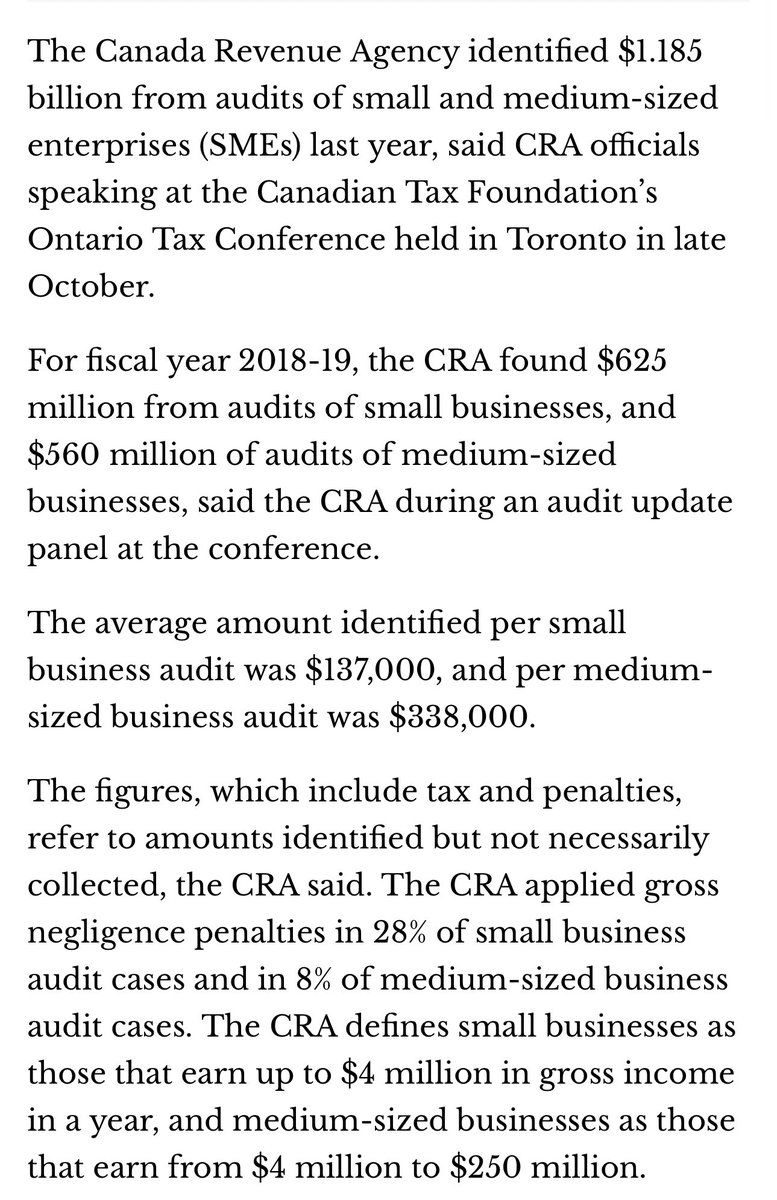 In 2018, the CRA recovered an average of $137k from small business audits and $337k from medium sized business audits. You don’t want to be audited.