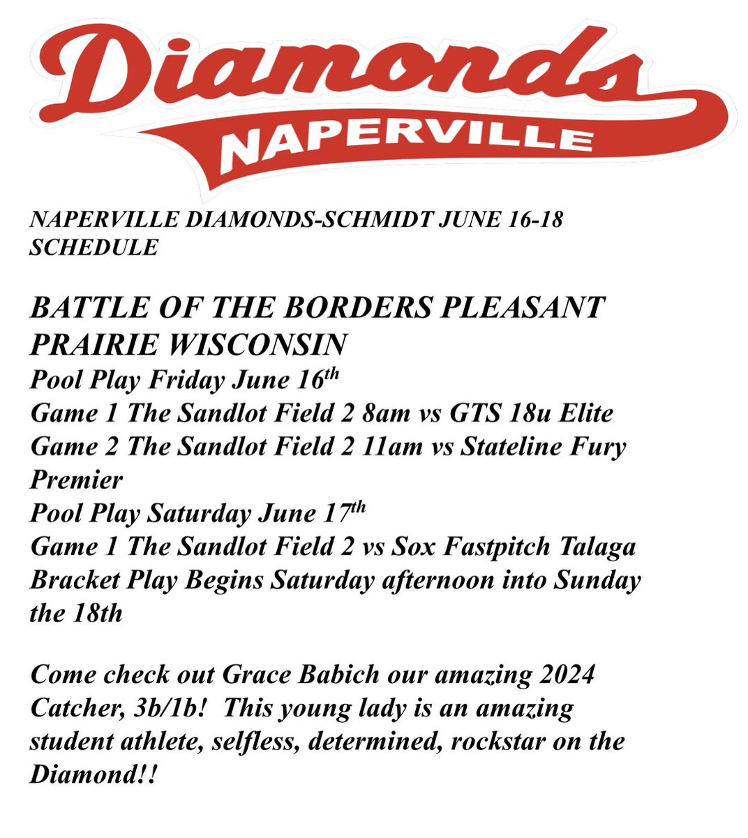 crazy4softball2's tweet photo. Please stop by and check out @gracebabich this weekend at the Battle of the Borders if you’re still looking for a 2024 leader, high softball IQ, big bat, wall and commander behind the plate, high academics!!  Grace is an amazing student athlete!  💎🥎🔥 https://t.co/4bvOgqr7gK