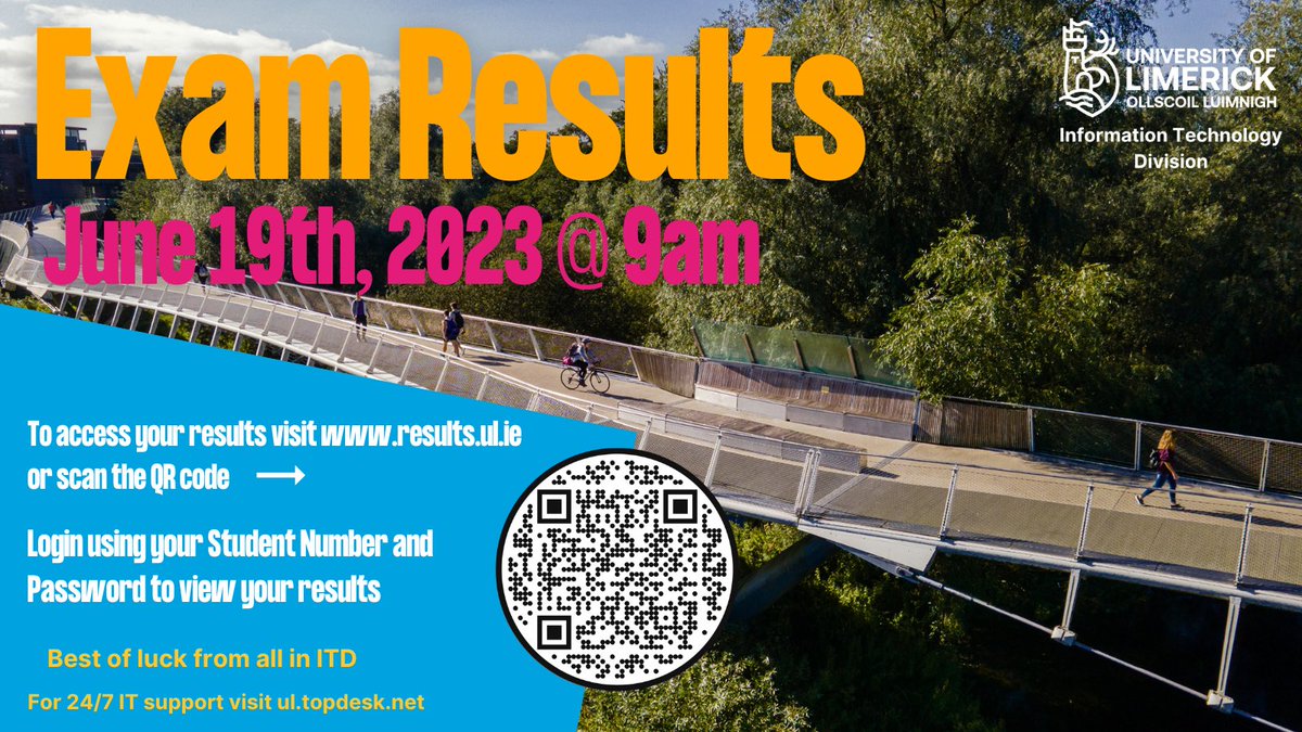 Best of luck to all students receiving their exam results on Monday🤞   Results will be available from 9am on results.ul.ie Log in using your student ID number and password 💻   For IT support visit ul.topdesk.net or📩service.deskitd@ul.ie