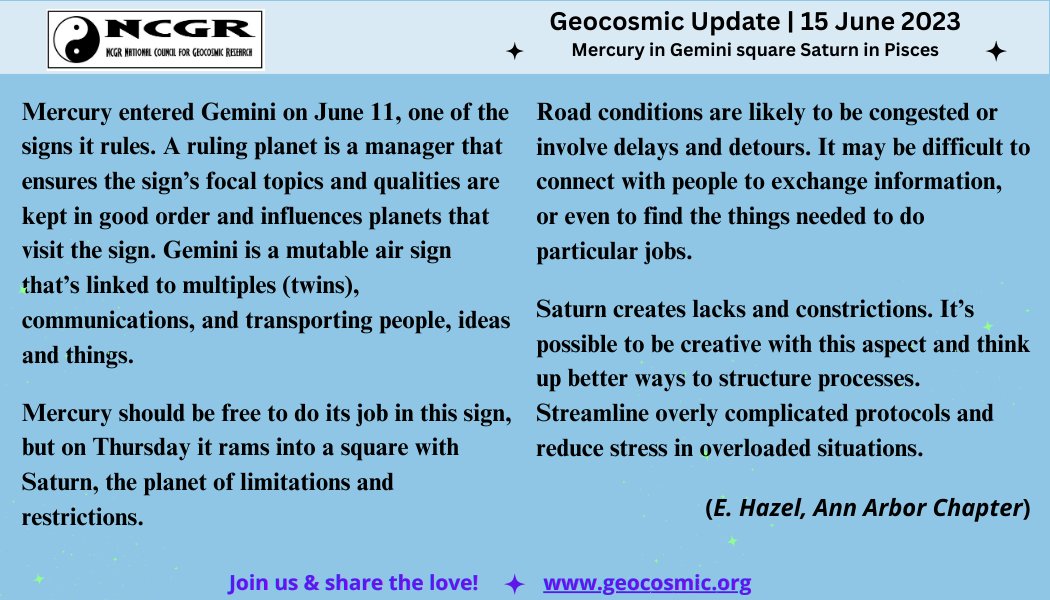 Geocosmic Update: Thursday, June 15, 2023 - Mercury square Saturn.
Join the astrology tribe and share the love! 
#astrology #horoscopy #NCGRastrology #NCGReducation