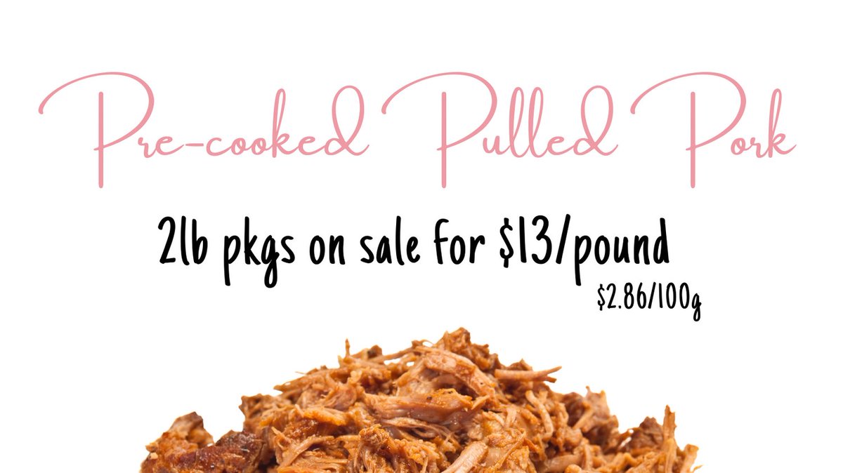 Our 2lb packages of Pre-cooked Pulled Pork are on SALE for $13/lb. 

(Reg. $15/lb. While quantities last)

Let us help you make meal time easier with our Pre-cooked Pulled Pork. Delicately smoked, lightly seasoned, & oh so tender and moist. 

thewholepig.ca/order-now/quic…

#LoveONTfood