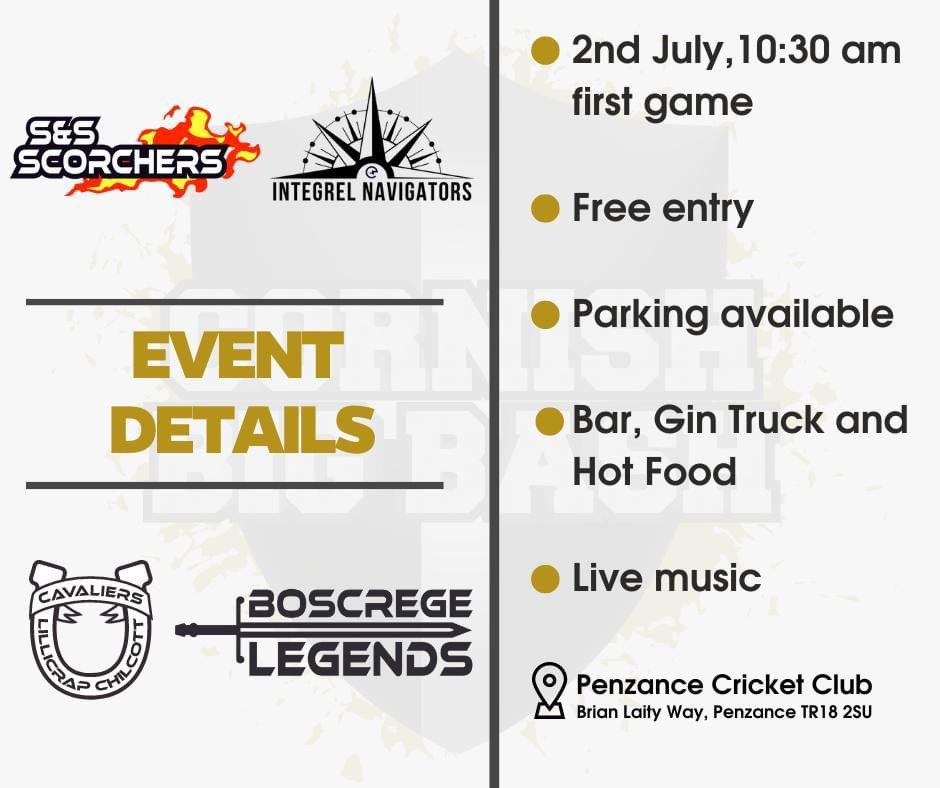 ❗ IMPORTANT SPECTATOR INFORMATION ❗

Thanks to the generosity of the Cornish Big Bash team owners and sponsors there will be no charge for the general admission to the event.

Please buy all alcohol at the ground.

For any questions, message us and we will get back to you!
