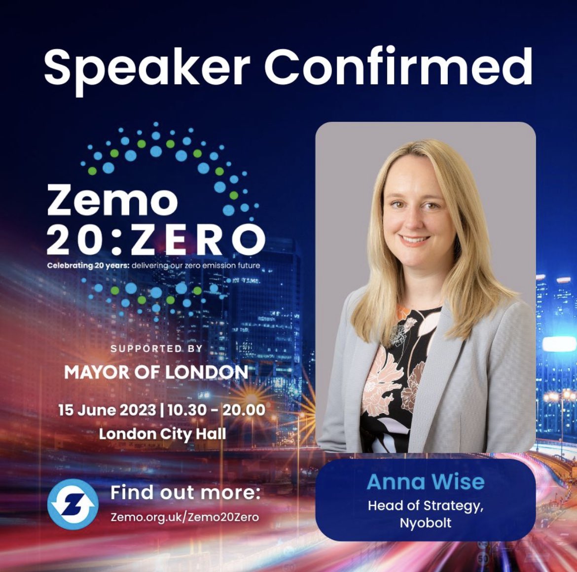 Anna Wise, Head of Strategy at @nyobolt, will be a speaker at the @Zemo_Org 20th Anniversary Conference. Anna will be part of the 'Battery Question Time' session. #batteries #fastcharge #ev #cleanairday