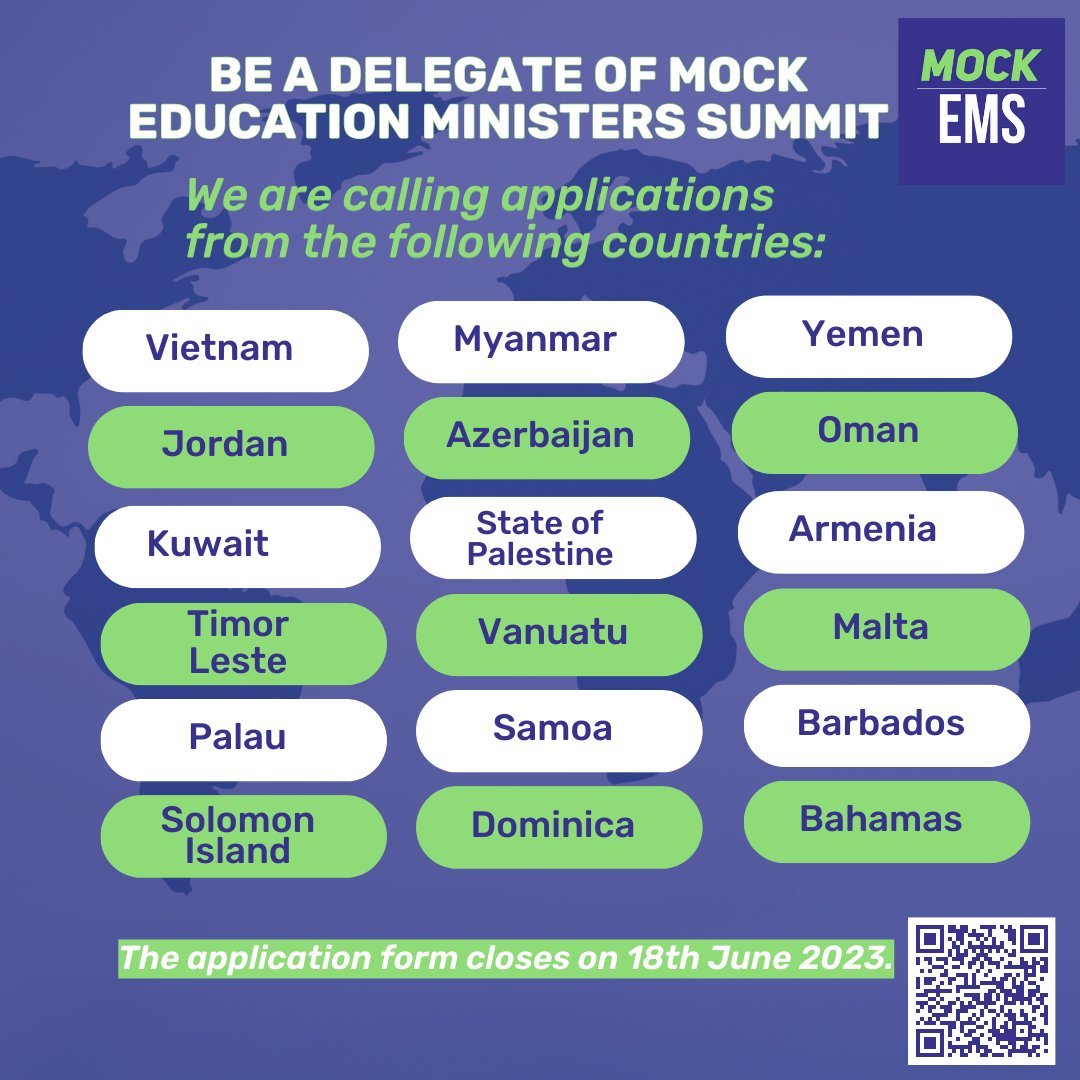 Mock_COP's tweet photo. We are calling for applications from the listed countries for young people to be a delegate for our Mock EMS.
The form closes on June 18.

Apply here: https://t.co/BTww4QXgoq

Do you know young people from these countries?👀

👉️Tag &amp; retweet
#MockCOP #MockEMS #ClimateEducation https://t.co/YO2lVaqK2d