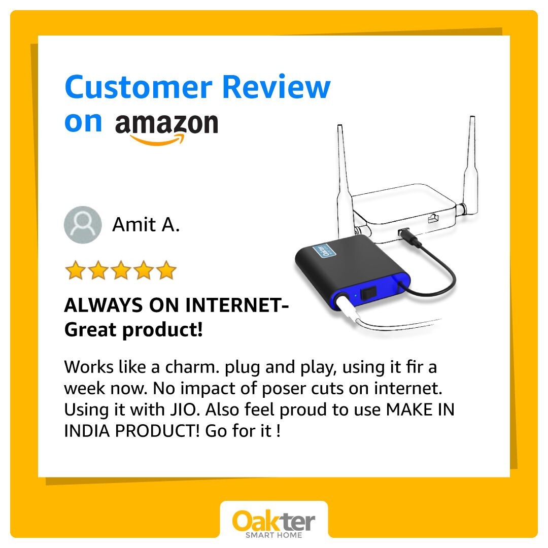 OyeOakter's tweet photo. Here is one of our happy customers sharing their incredible experience of using Oakter #MiniUPS - power backup for WiFi routers.
#Oakter #Amazon #customerreview #review #feedback #MadeInIndia #automation #powerbackup #homeautomation #wifi #atmanirbharbharat https://t.co/pnENBXczYK