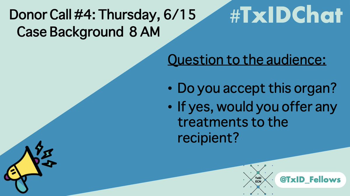 @camwolfe @emilymeich @jobadd @AnnWoolleyMD @TMcCarty2010 @TStosor @RazonableMD @TIDinRVA @MichaelGIsonMD @ArunaSubraman12 @AbidiMaheen @ZYetmar 2/ 
#TxIDChat - Thursday, 6/15: Case #4

Question for the audience⤵️!  Please engage in comments & use #TxIDChat

Case resolution & discussion will be posted at 5PM!
@DocWoc71 @alan_koff @TedRader4MD @GermHunterMD @shwetanjan @JosephSassineMD @alfred_luk @jonathanhandMD