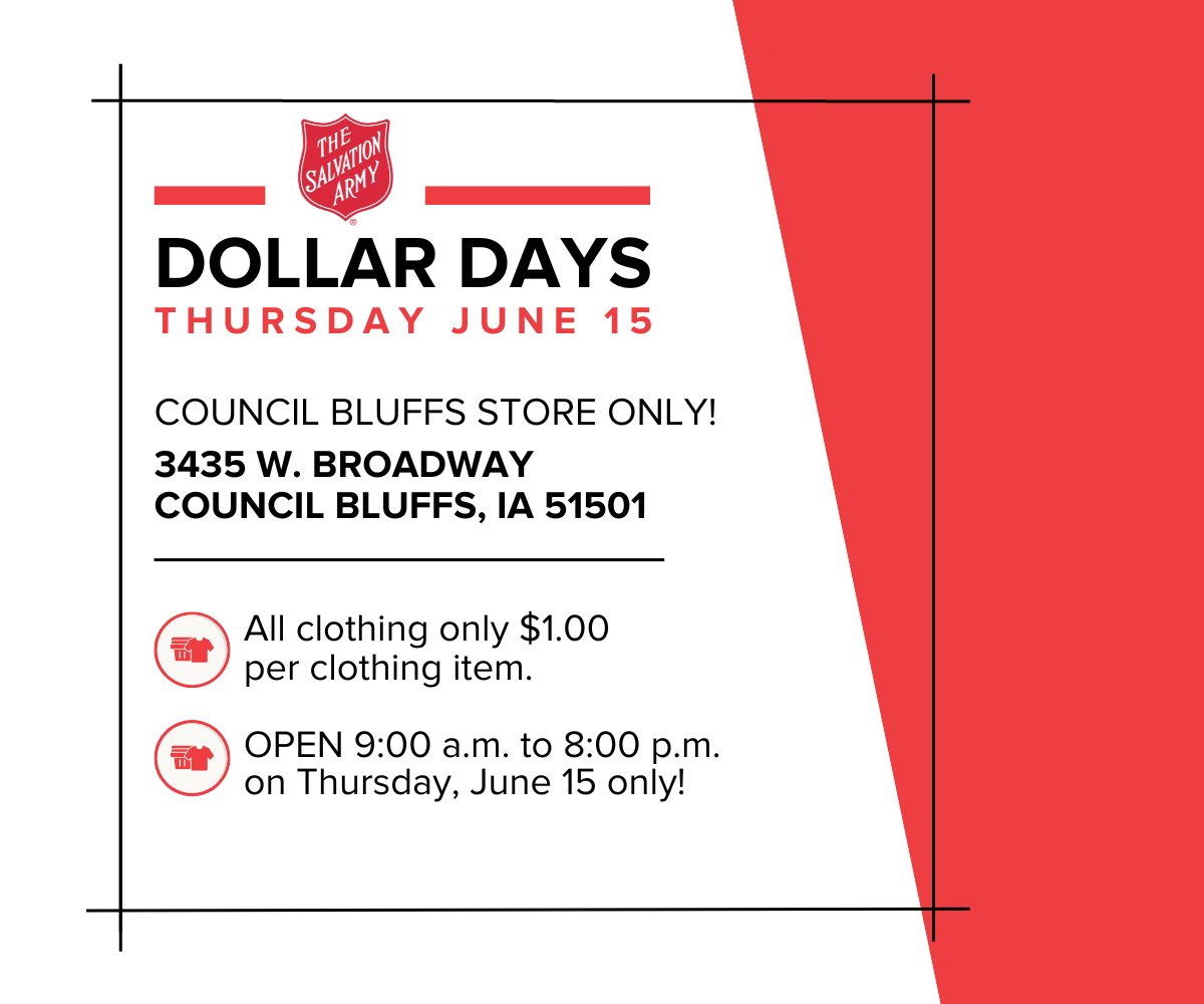 salarmyomaha's tweet photo. It's DOLLAR DAYS this Thursday, June 15th only at our Council Bluffs Thrift Store! All clothing on sale for only $1.00 per clothing item. We're OPEN from 9:00 a.m. to 8:00 p.m. this Thursday only! #DollarDays #CouncilBluffs https://t.co/OGmso6DpFV