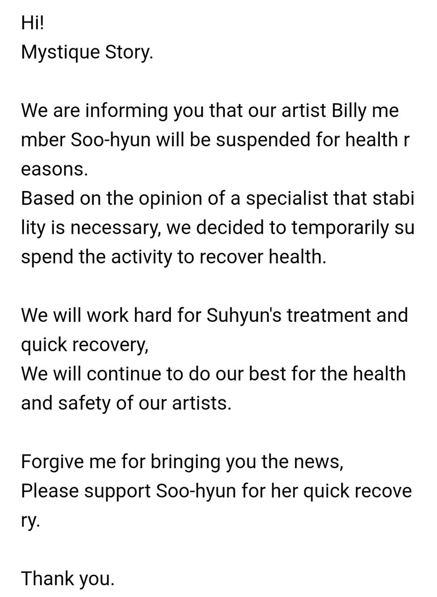 Suhyeon's taking a break. I hope she'll recover well